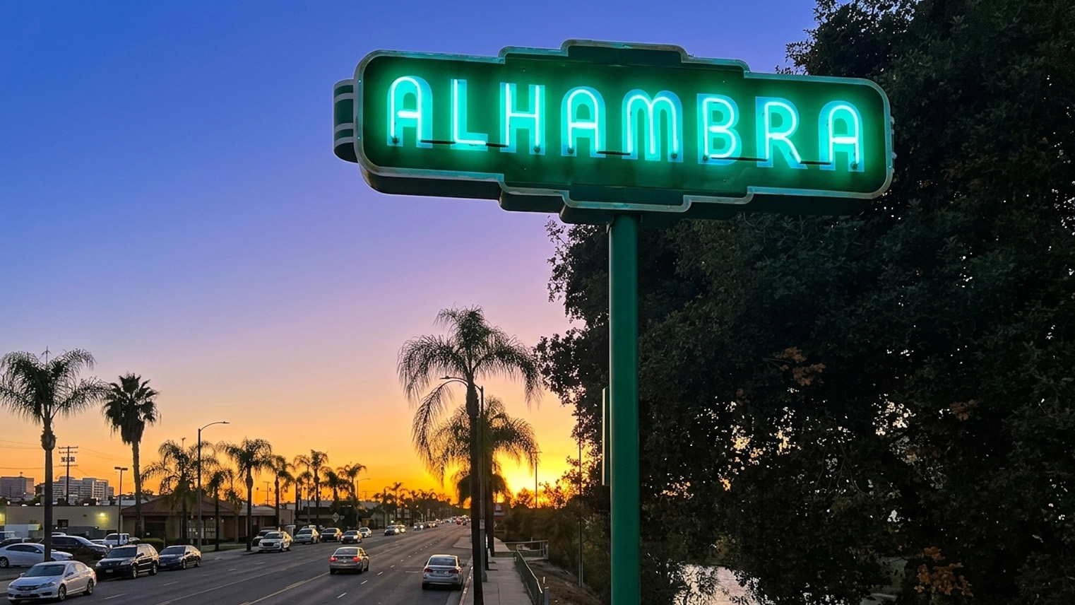 Green neon Alhambra sign glowing at dusk over the boulevard, palms and traffic toward an orange sunset sky.