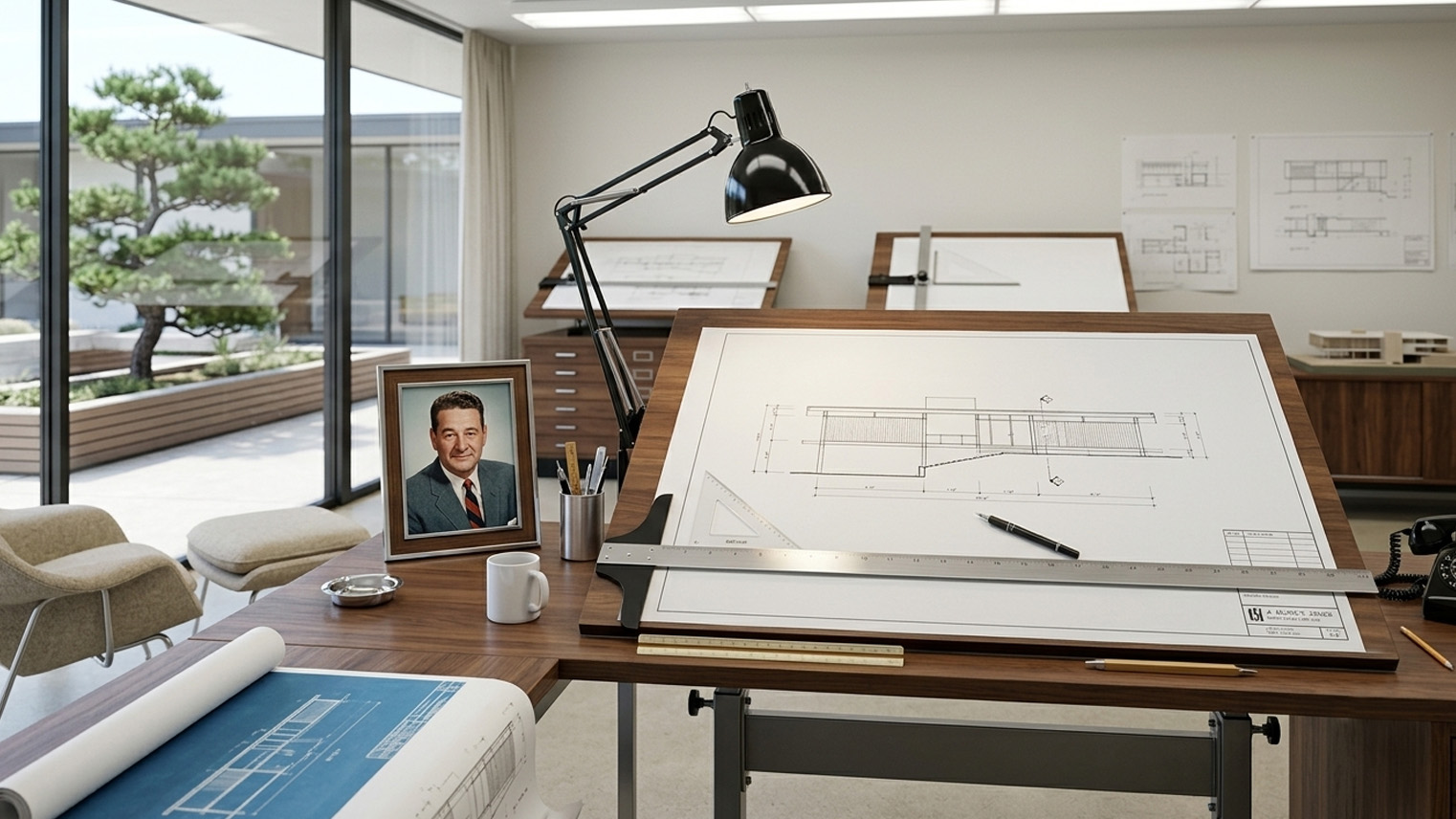 A. Quincy Jones portrait beside a mid century modern residence elevation, walnut and steel office, plaza windows. AI generated image by Greg Anderson.