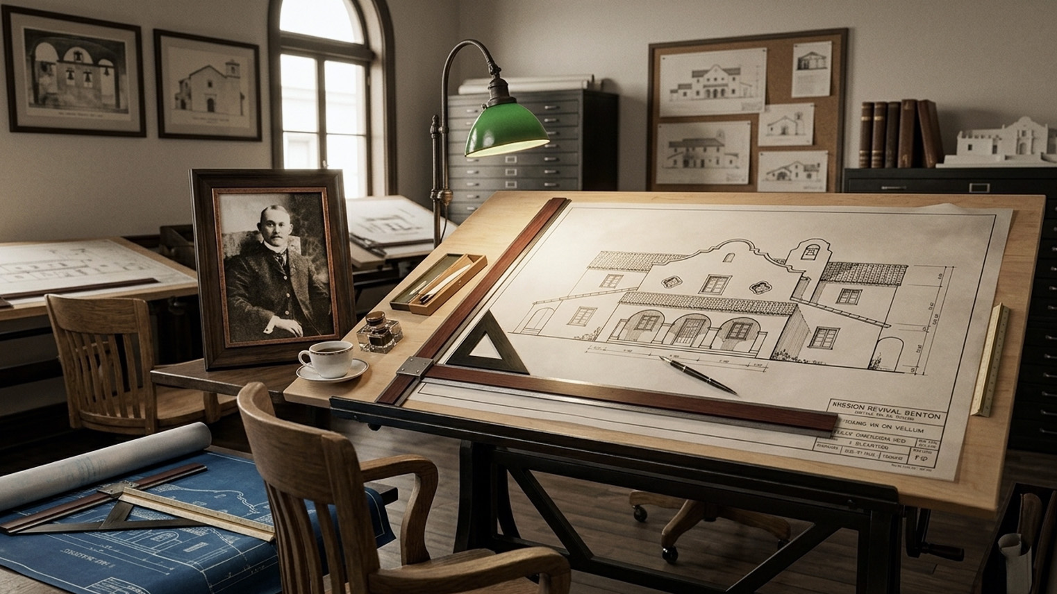 Arthur Burnett Benton portrait beside a Mission Revival elevation with arcaded loggia, downtown Los Angeles office. AI generated image by Greg Anderson.