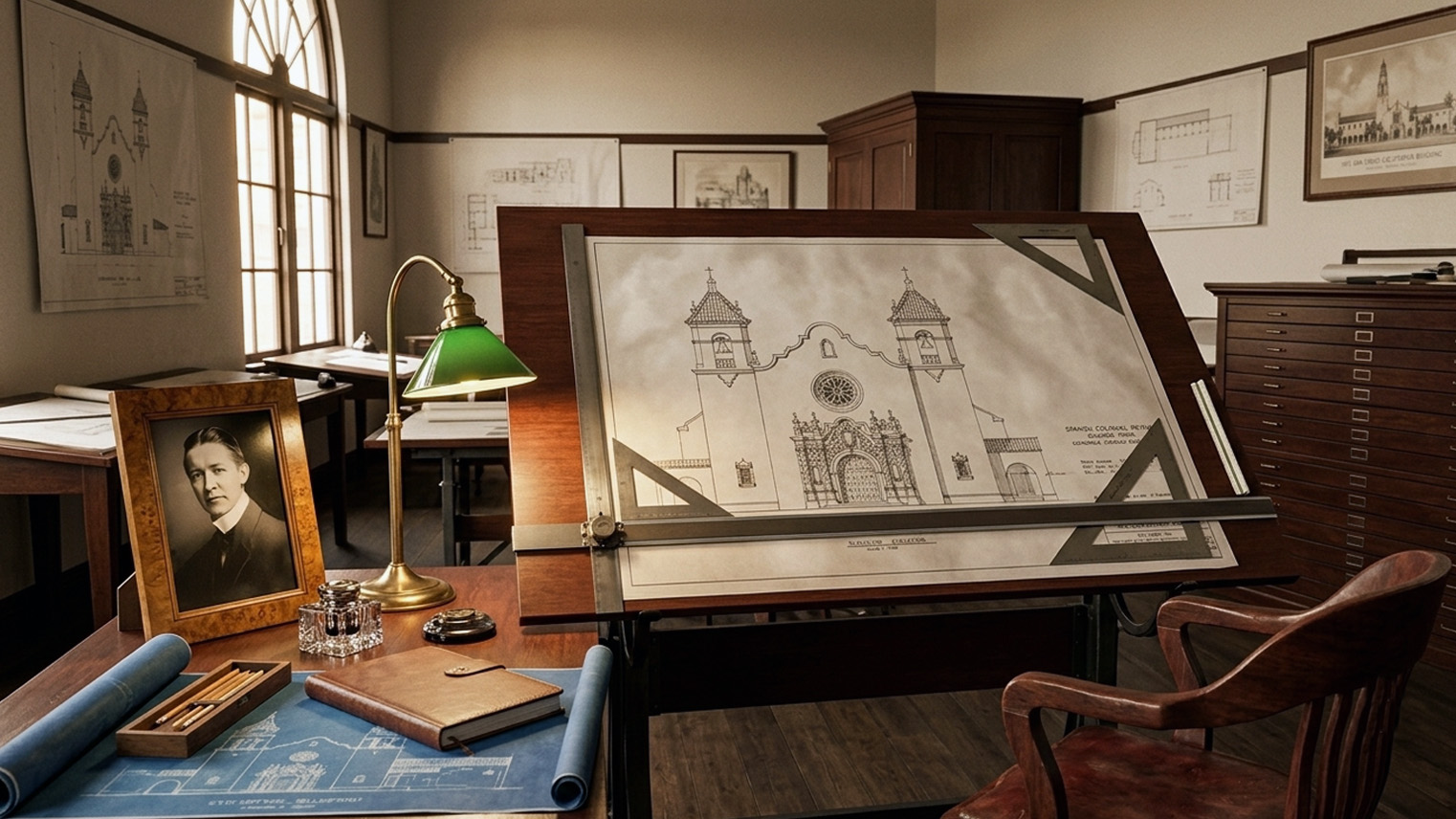 Bertram Goodhue portrait beside a Spanish Colonial Revival church elevation with bell towers, Los Angeles office. AI generated image by Greg Anderson.
