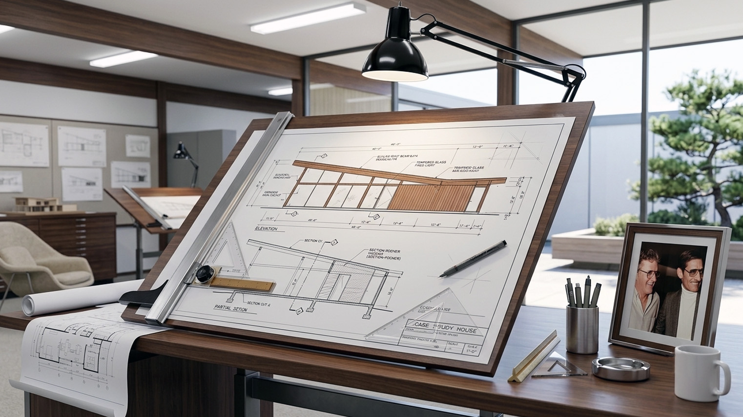 Conrad Buff and Donald Hensman portrait beside a Case Study House post and beam elevation, mid century office. AI generated image by Greg Anderson.