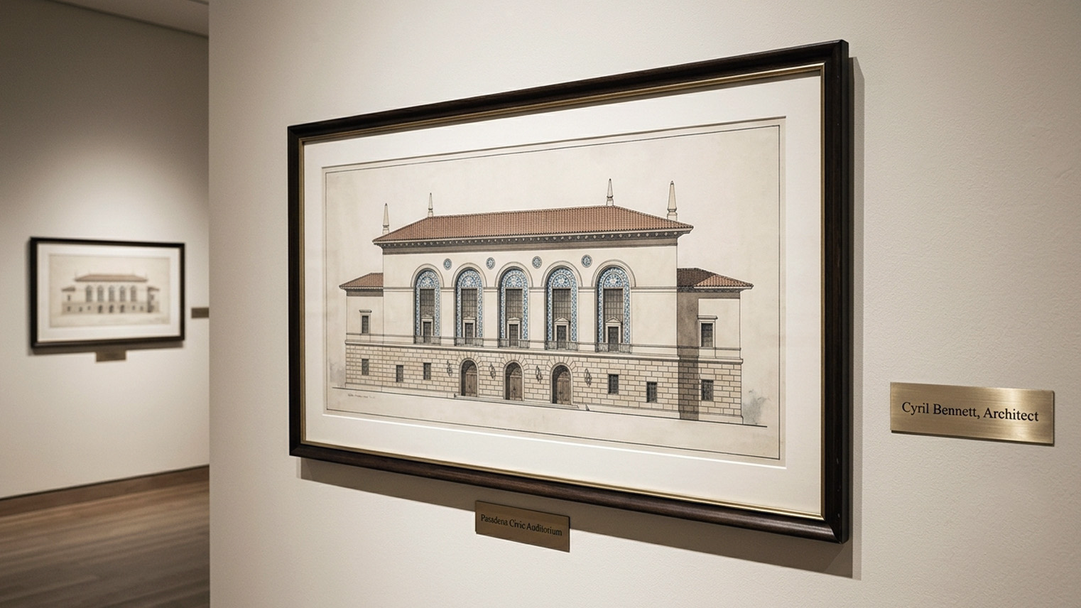 Cyril Bennett gallery exhibit, framed presentation drawing of the Pasadena Civic Auditorium with brass name plaque. AI generated image by Greg Anderson.