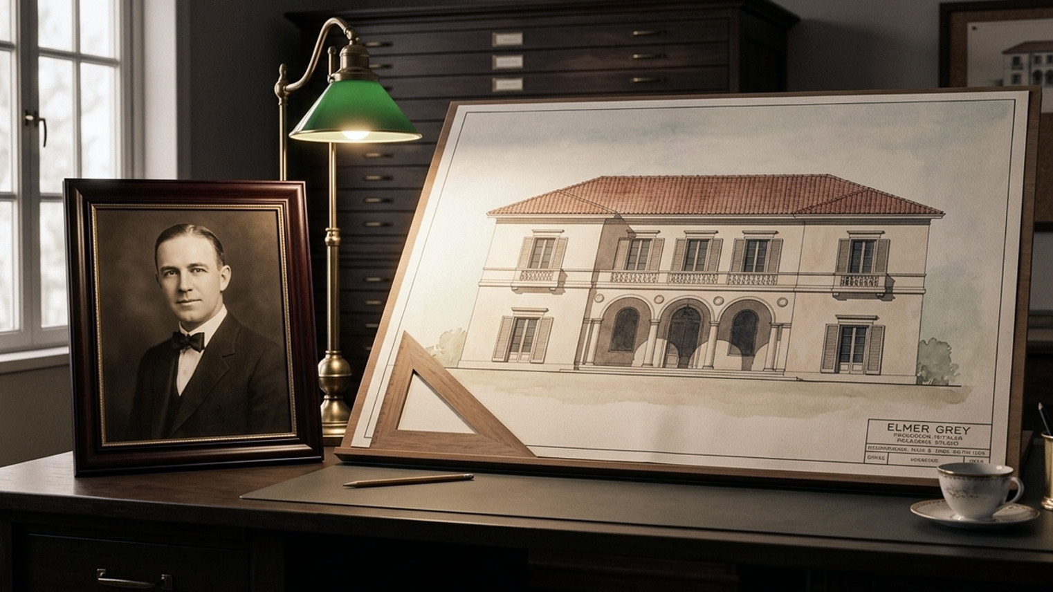 Elmer Grey portrait beside a Mediterranean Revival residence elevation, Pasadena architecture office. AI generated image by Greg Anderson.