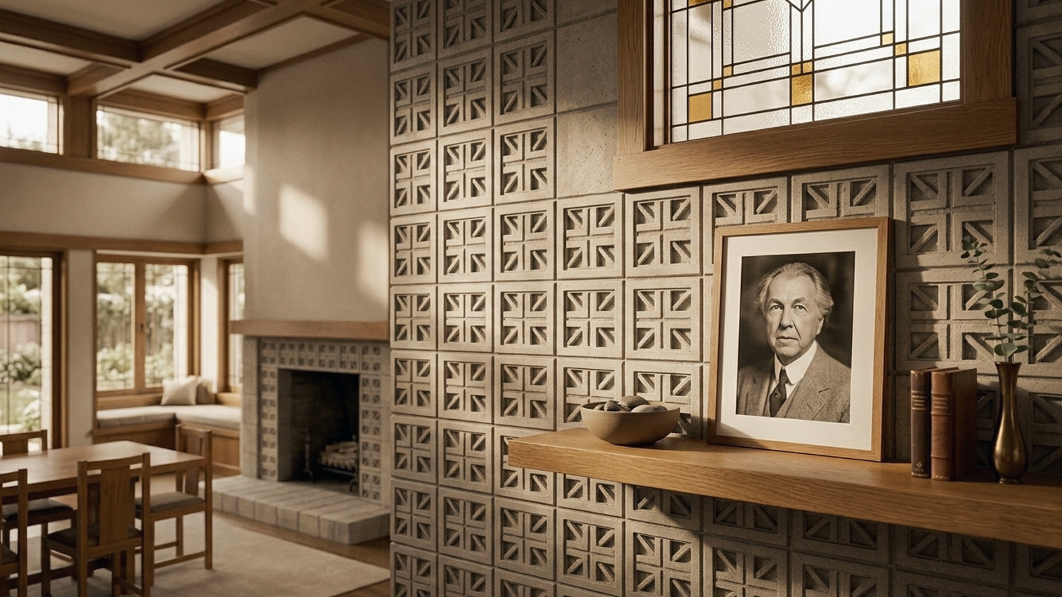 Frank Lloyd Wright portrait inside the Millard House La Miniatura, patterned textile block wall behind, Pasadena. AI generated image by Greg Anderson.