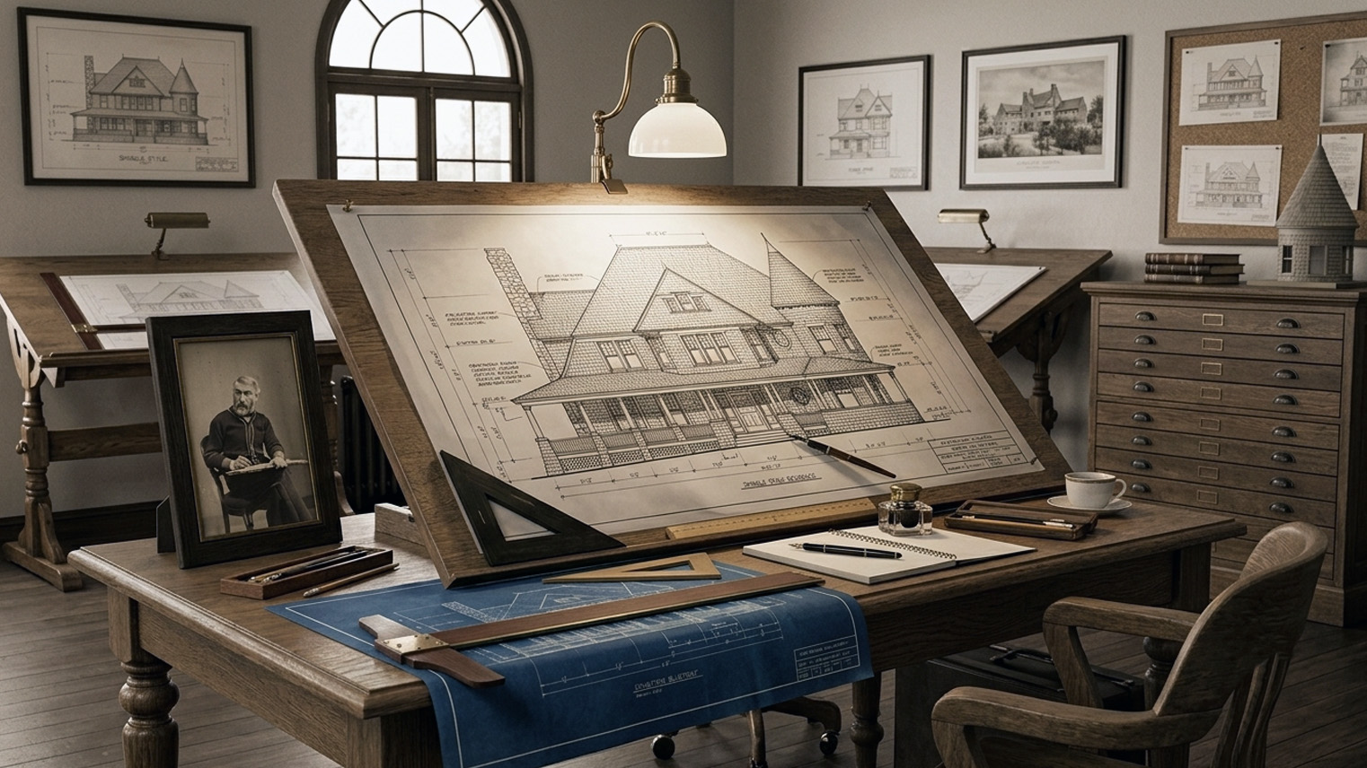 Frederick Louis Roehrig portrait beside a Shingle Style elevation, framed Castle Green print, Pasadena office. AI generated image by Greg Anderson.