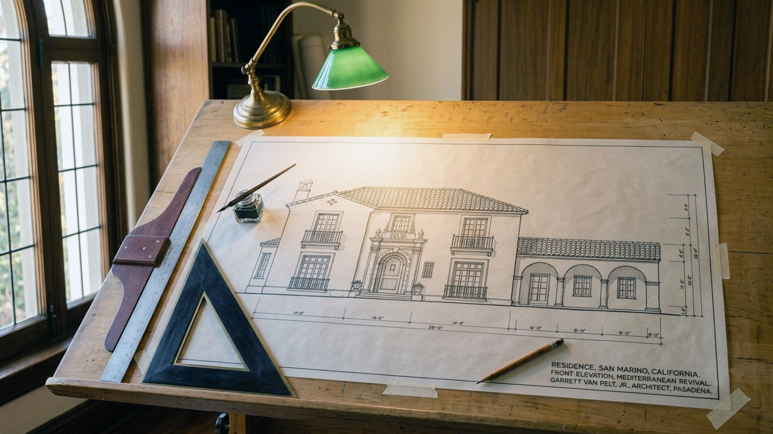 Mediterranean Revival residence elevation on a drafting board, title block naming Garrett Van Pelt Jr., Pasadena architect. AI generated image by Greg Anderson.