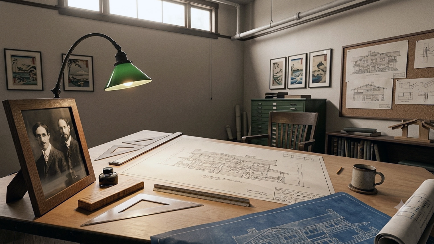 Charles and Henry Greene portrait beside an Ultimate Bungalow elevation, Japanese woodblock prints, Arts and Crafts office. AI generated image by Greg Anderson.