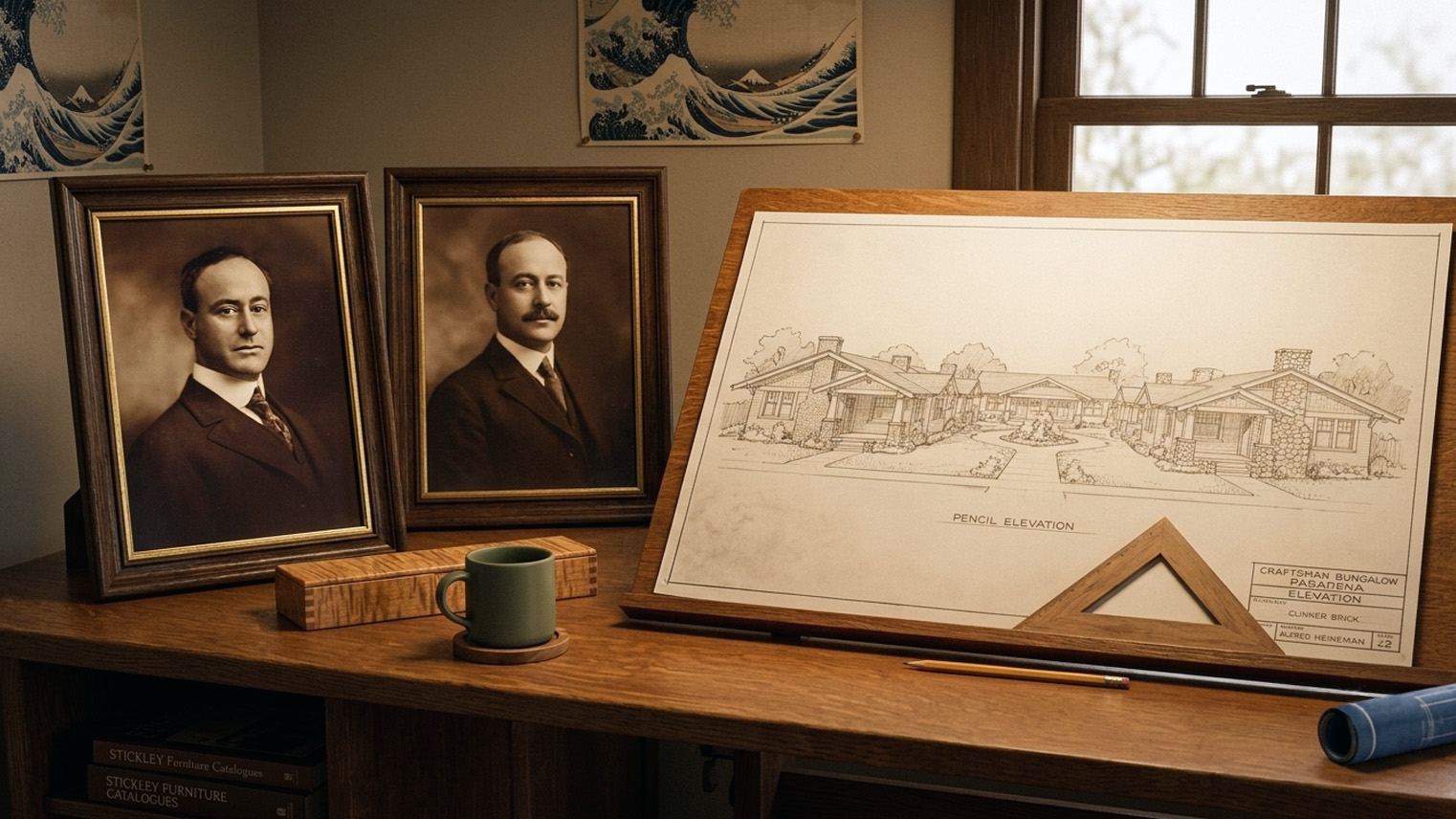 Alfred and Arthur Heineman portraits beside a bungalow court pencil elevation, Pasadena architecture office. AI generated image by Greg Anderson.