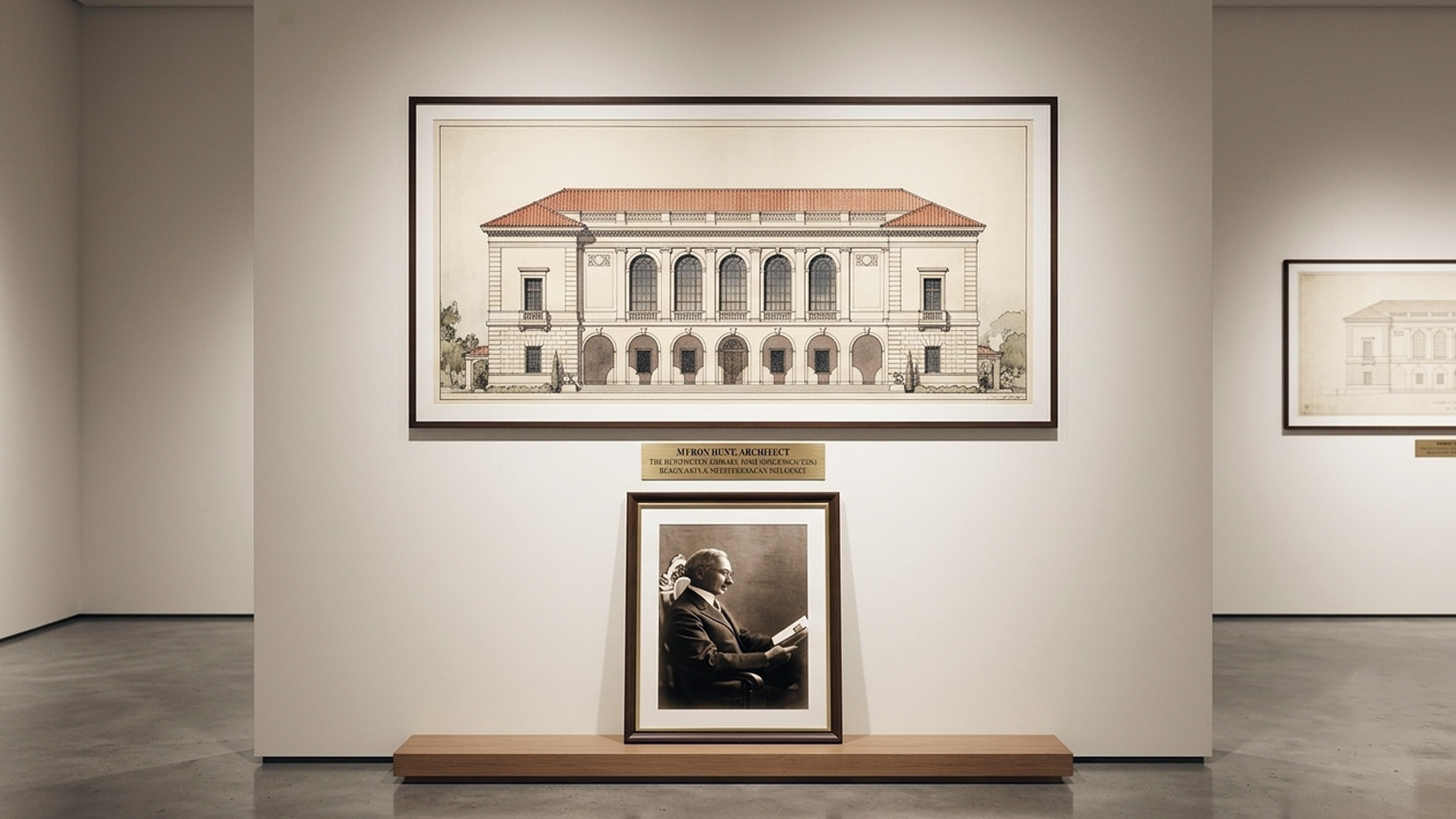 Myron Hunt portrait and framed Huntington Library rendering in a gallery exhibit, brass name plaque. AI generated image by Greg Anderson.