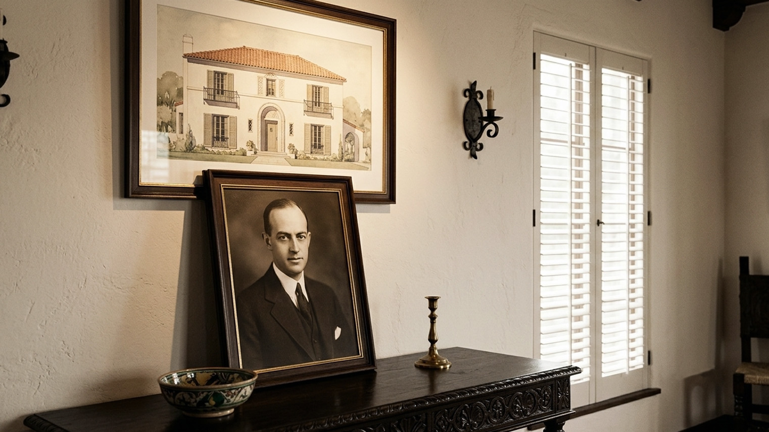 Reginald Davis Johnson portrait beneath a framed Mediterranean Revival estate rendering, Pasadena office. AI generated image by Greg Anderson.