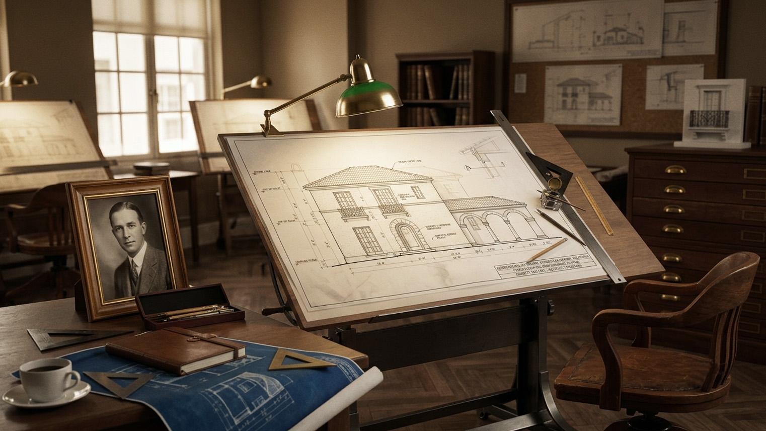 Roland Coate portrait beside a Monterey Colonial elevation, architectural drawings pinned behind, Pasadena office. AI generated image by Greg Anderson.