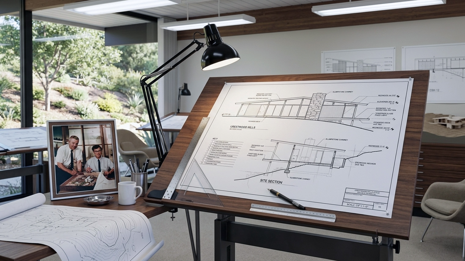 Whitney Smith and Wayne Williams portrait beside a hillside post and beam elevation, mid century modern office. AI generated image by Greg Anderson.