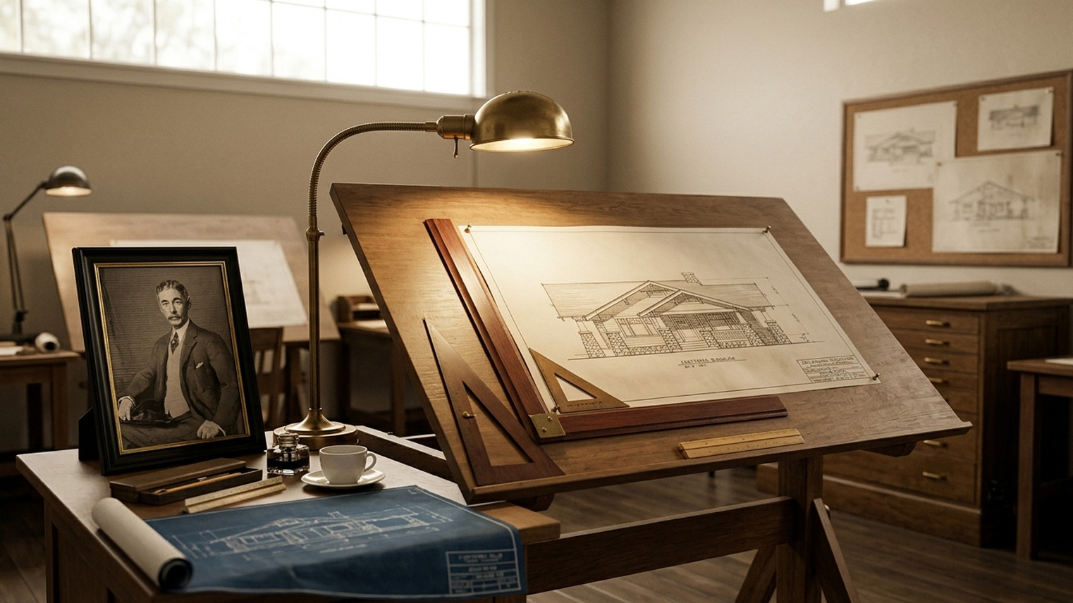 Sylvanus Marston portrait beside a Craftsman bungalow elevation and unrolled blueprint, Pasadena drafting room. AI generated image by Greg Anderson.