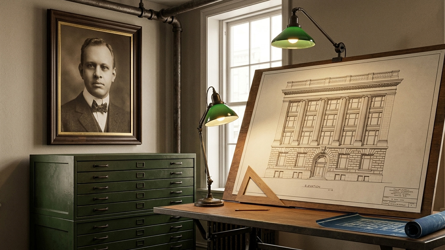 William J. Dodd portrait beside a Mission Revival civic elevation on the drafting board, Los Angeles office. AI generated image by Greg Anderson.