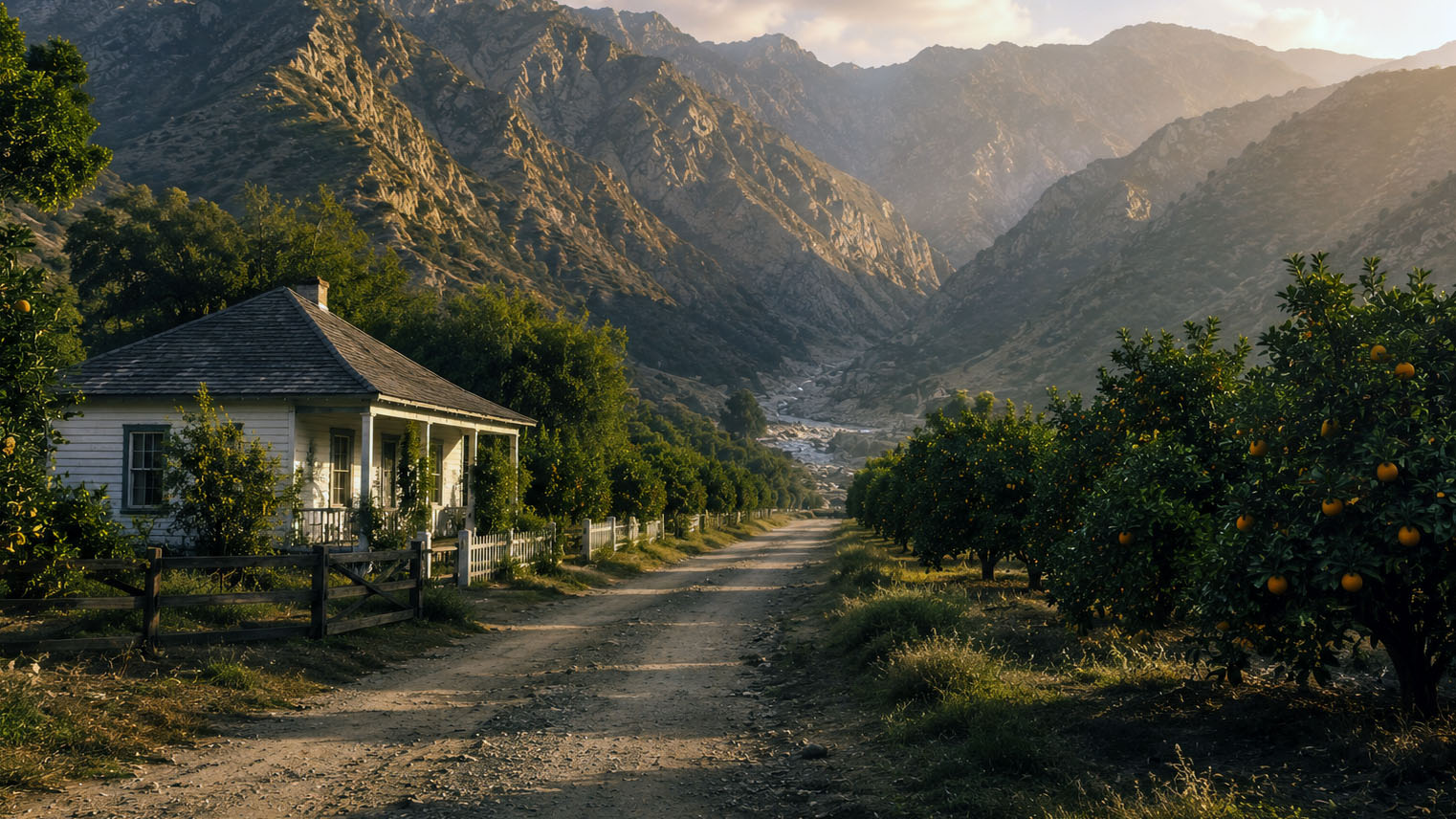 White clapboard cottage and orange grove in early Azusa, a dirt lane running toward a rocky San Gabriel canyon mouth.