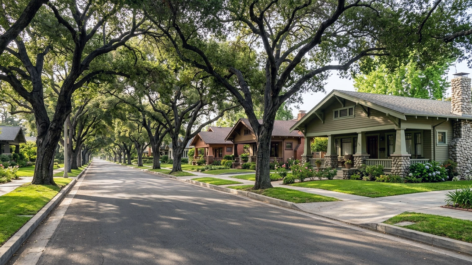Bungalow Heaven street in Pasadena, Craftsman bungalows with river stone piers beneath a canopy of coast live oaks.