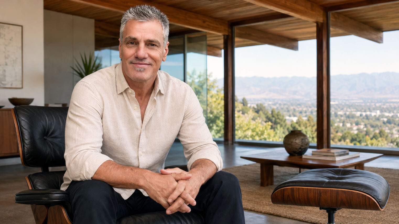 Greg Anderson in a midcentury modern living room with a mountain and valley view. AI generated image by Greg Anderson.