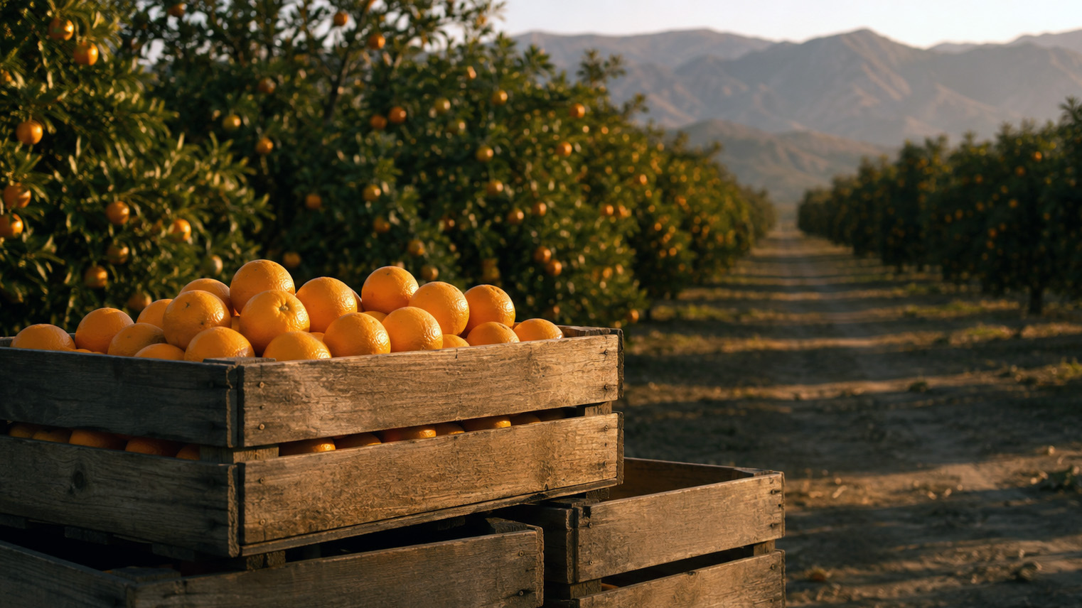 Wooden crates heaped with oranges in a Covina grove at golden hour, fruit heavy rows running toward the mountains.