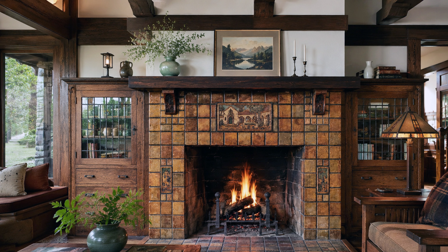 Craftsman living room fireplace faced in matte earth tone art tile with a pictorial tile panel above the firebox, flanked by oak built-ins with leaded glass doors under heavy timber beams.