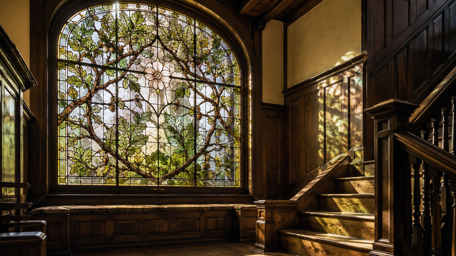 Arched Arts and Crafts stained glass window of oak branches, acorns, and a pale central blossom in opalescent glass, filling a dark oak staircase landing with colored light.