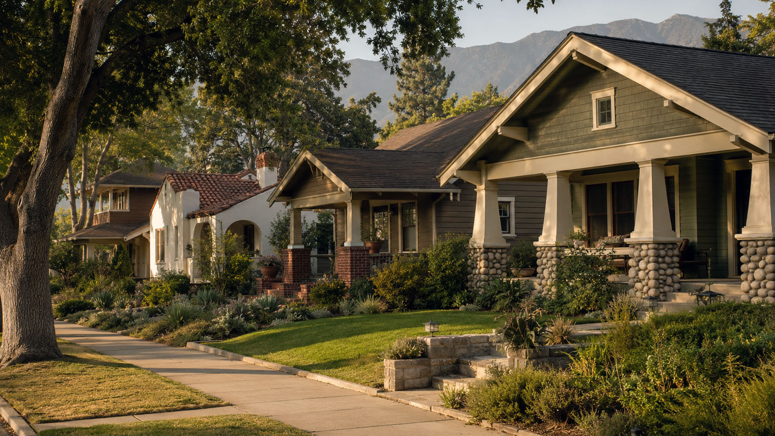 A tree-lined San Gabriel Valley street of pre-1940 architectural homes in morning light. AI generated image by Greg Anderson.
