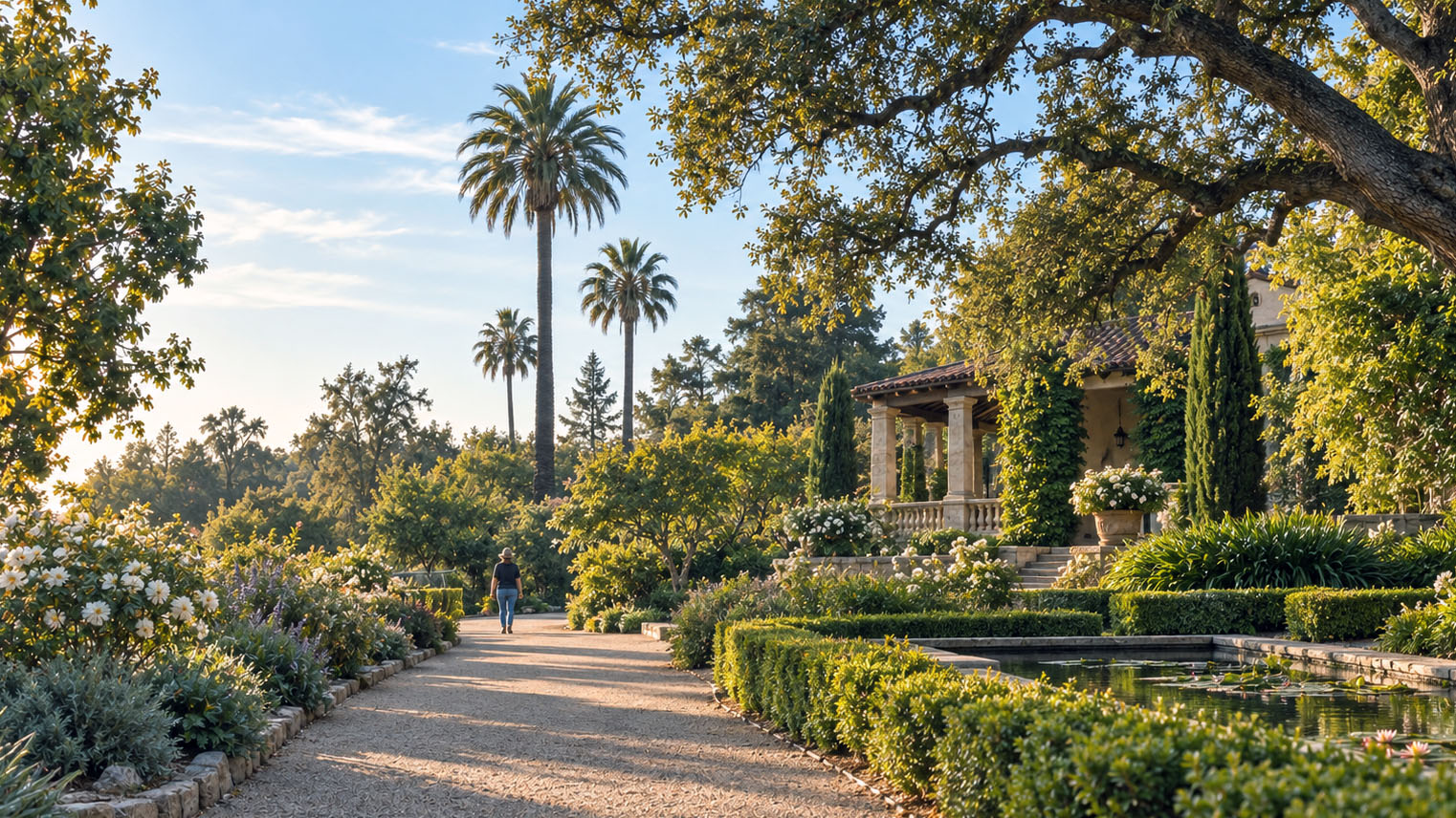 A gravel garden path between flower borders and clipped hedges, leading to a vine covered pavilion and lily pond