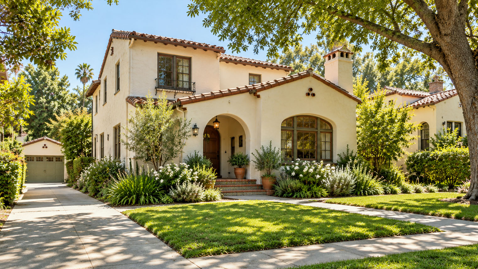 AI generated image in the spirit of Garfield Heights: a cream stucco house, red tile roof and arched door under a big tree