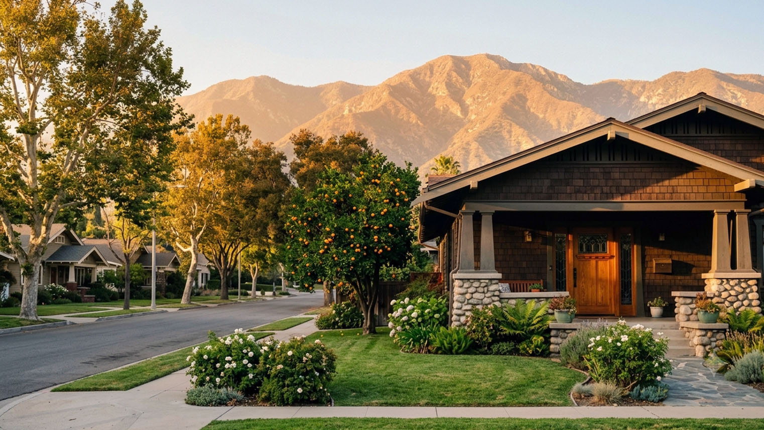 Dark shingled Craftsman bungalow in Glendora, river rock porch piers, an orange tree in front, mountains glowing behind.