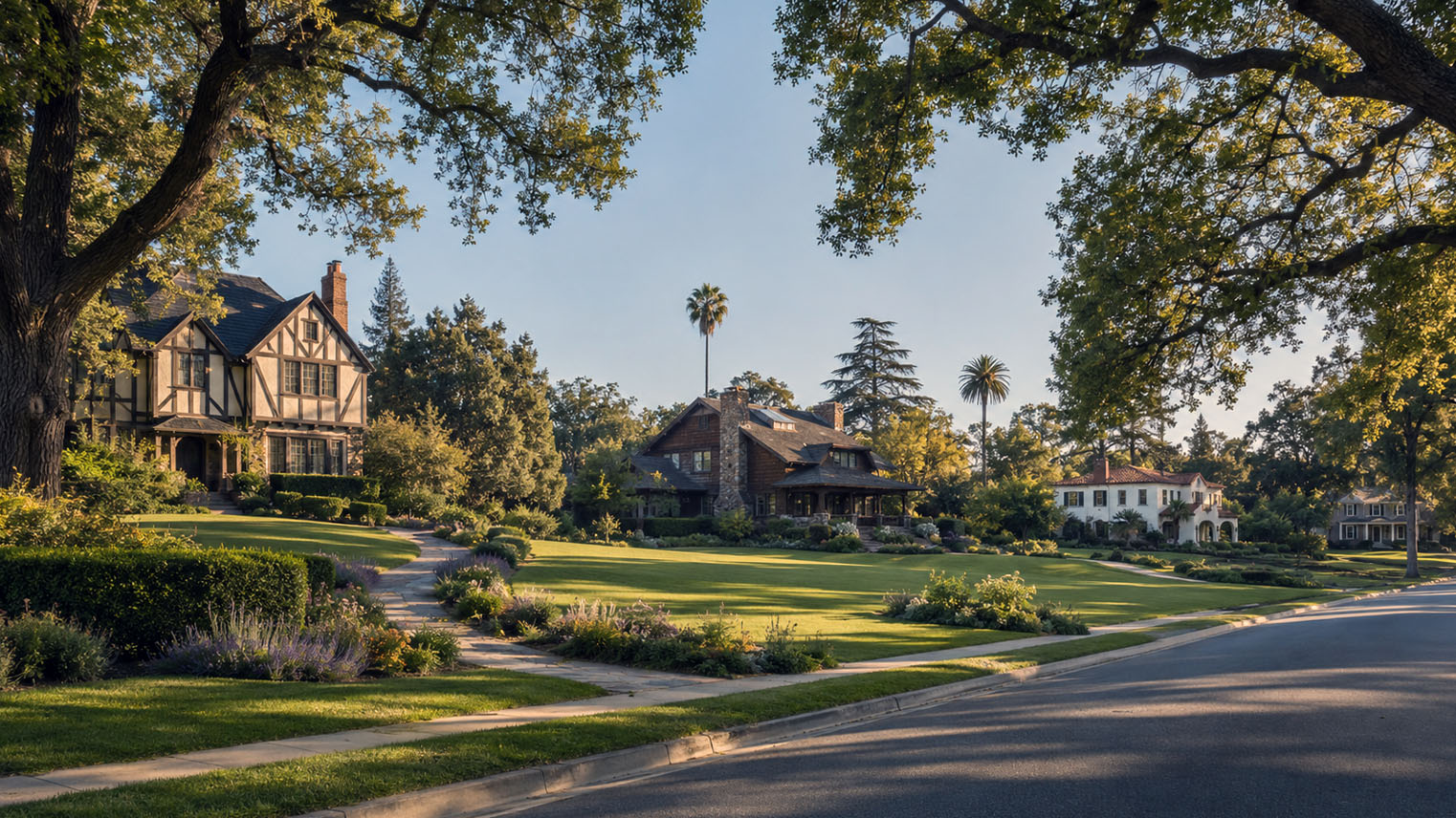 AI generated image of a Historic Highlands street: deep front lawns, curving garden walks, and mixed period homes, Tudor Revival, Craftsman, and Spanish Colonial Revival, beneath old oaks.