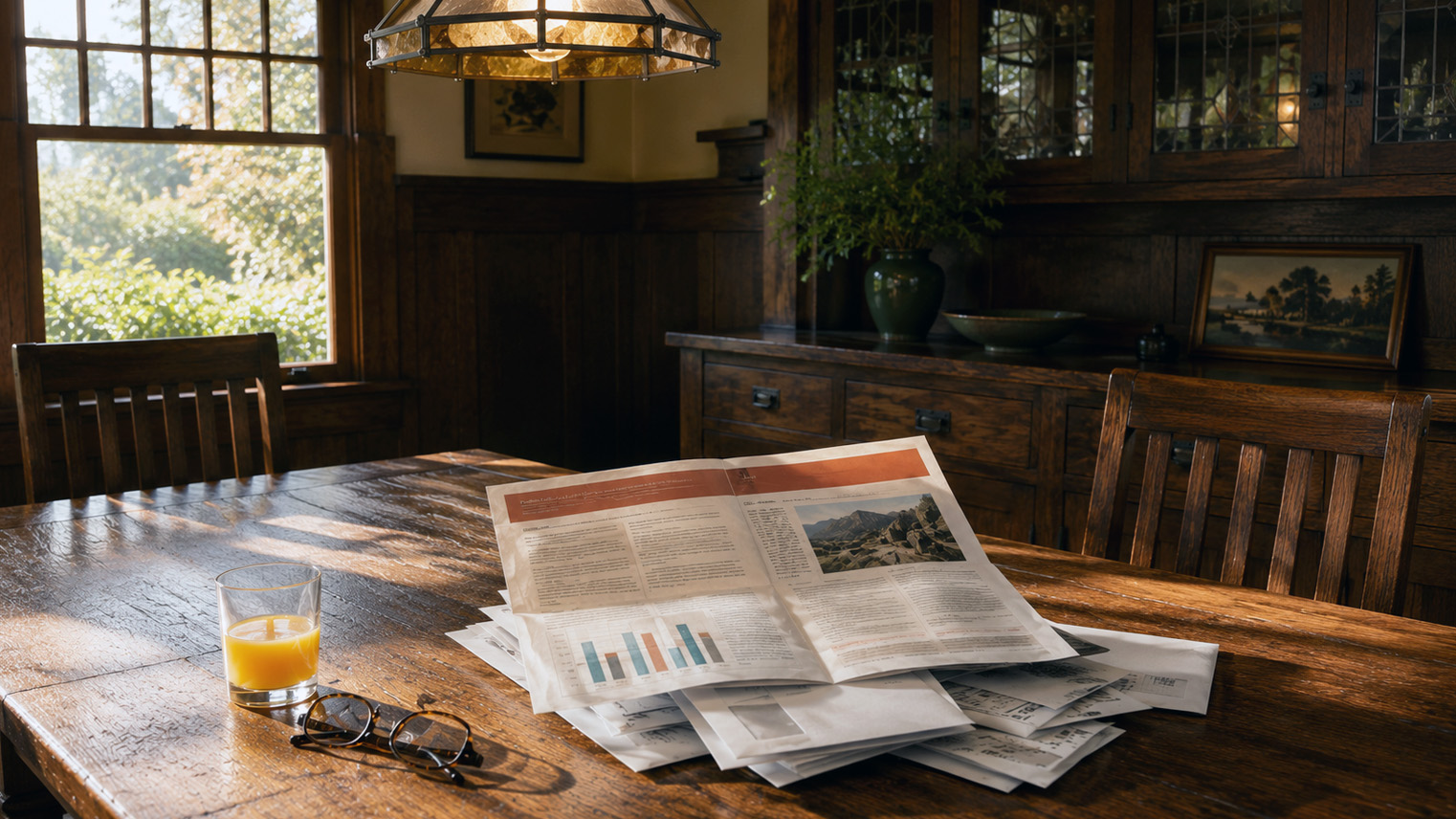 Insurance renewal paperwork spread on an oak dining table in a Craftsman dining room, morning light through divided light windows. AI generated image by Greg Anderson.