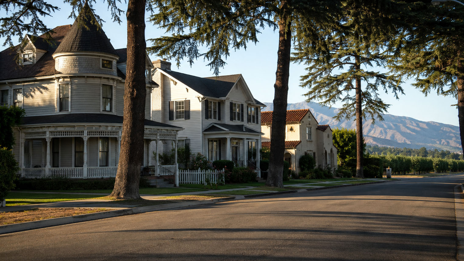 Deodar cedar lined La Verne street, a Queen Anne, a Colonial Revival farmhouse, and a Spanish Revival house side by side.