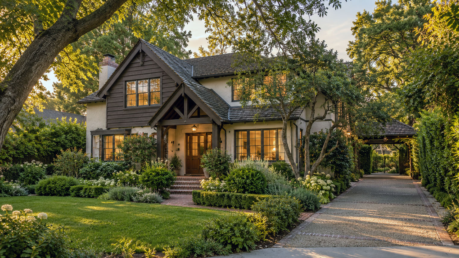 AI generated image in the spirit of Pasadena's Lower Arroyo Seco: a stucco house, dark board gable, gold light, gravel drive