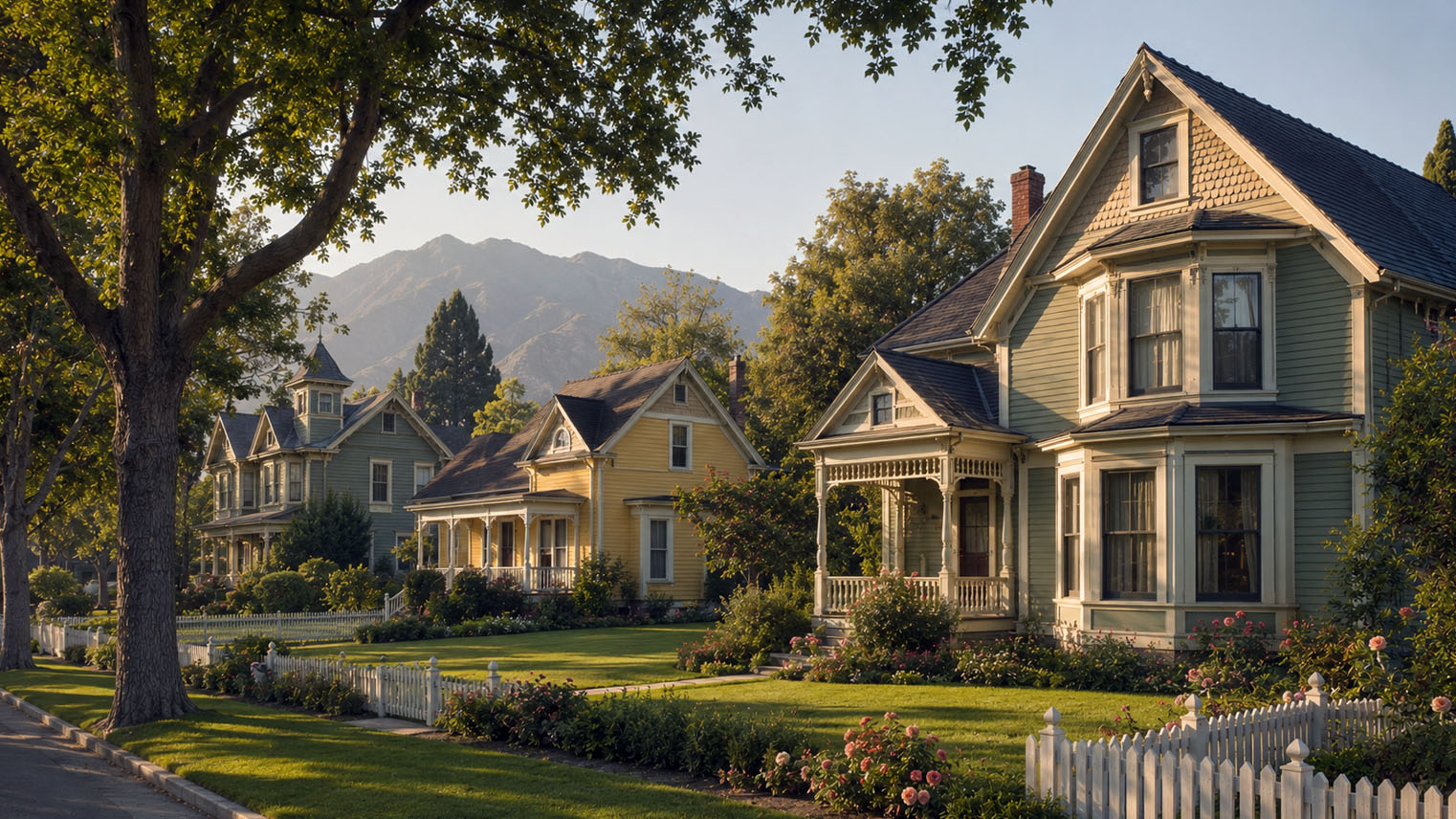 Street of 1880s Queen Anne Victorian cottages in Monrovia, turned porches and fish scale gables, mountains hazy behind.