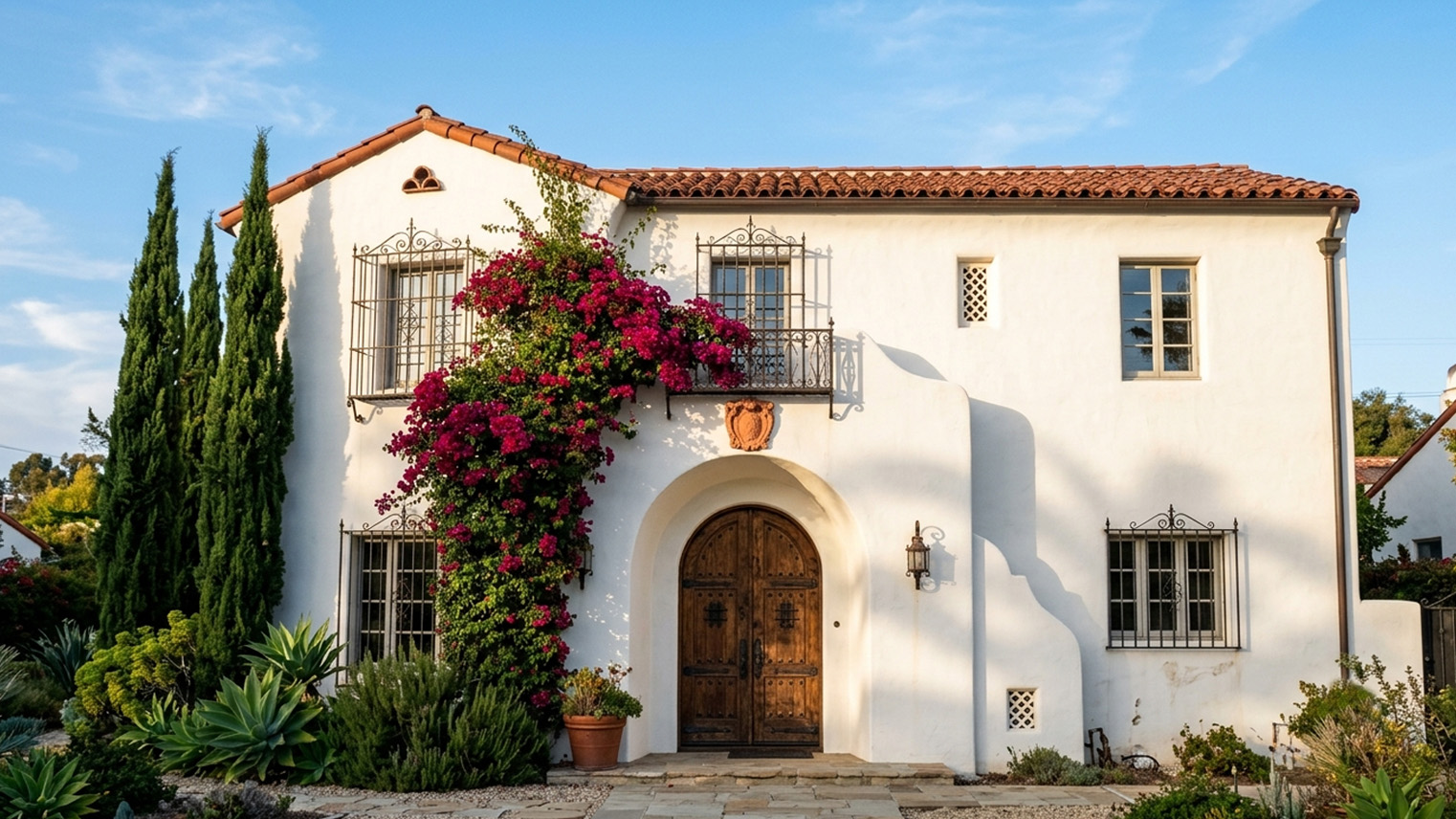 Two story Spanish Colonial Revival house in Monterey Park, arched entry, wrought iron grilles, red clay tile roof.