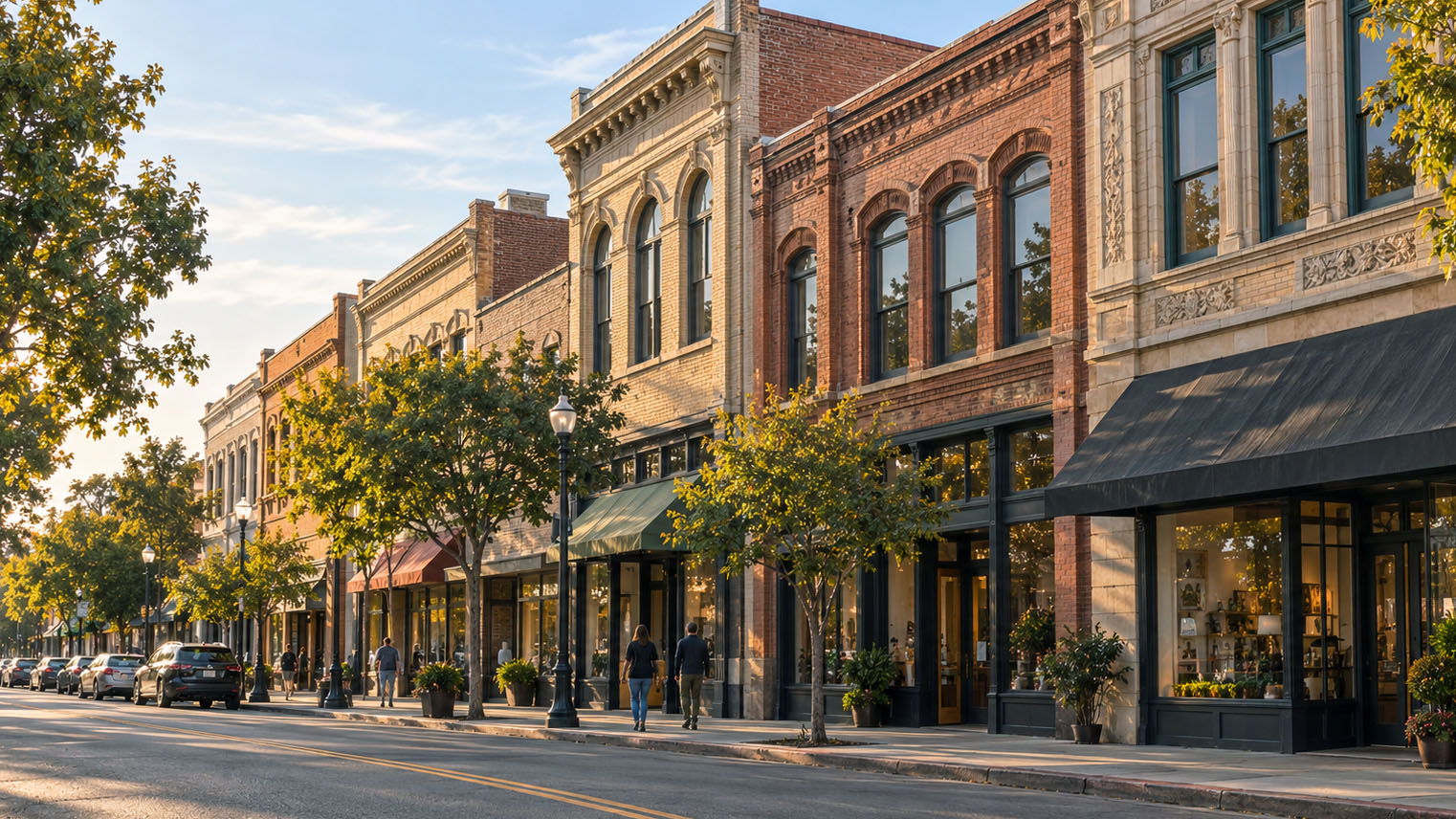 A row of brick and stone storefronts with arched upper windows, shade trees, awnings, and two people walking past