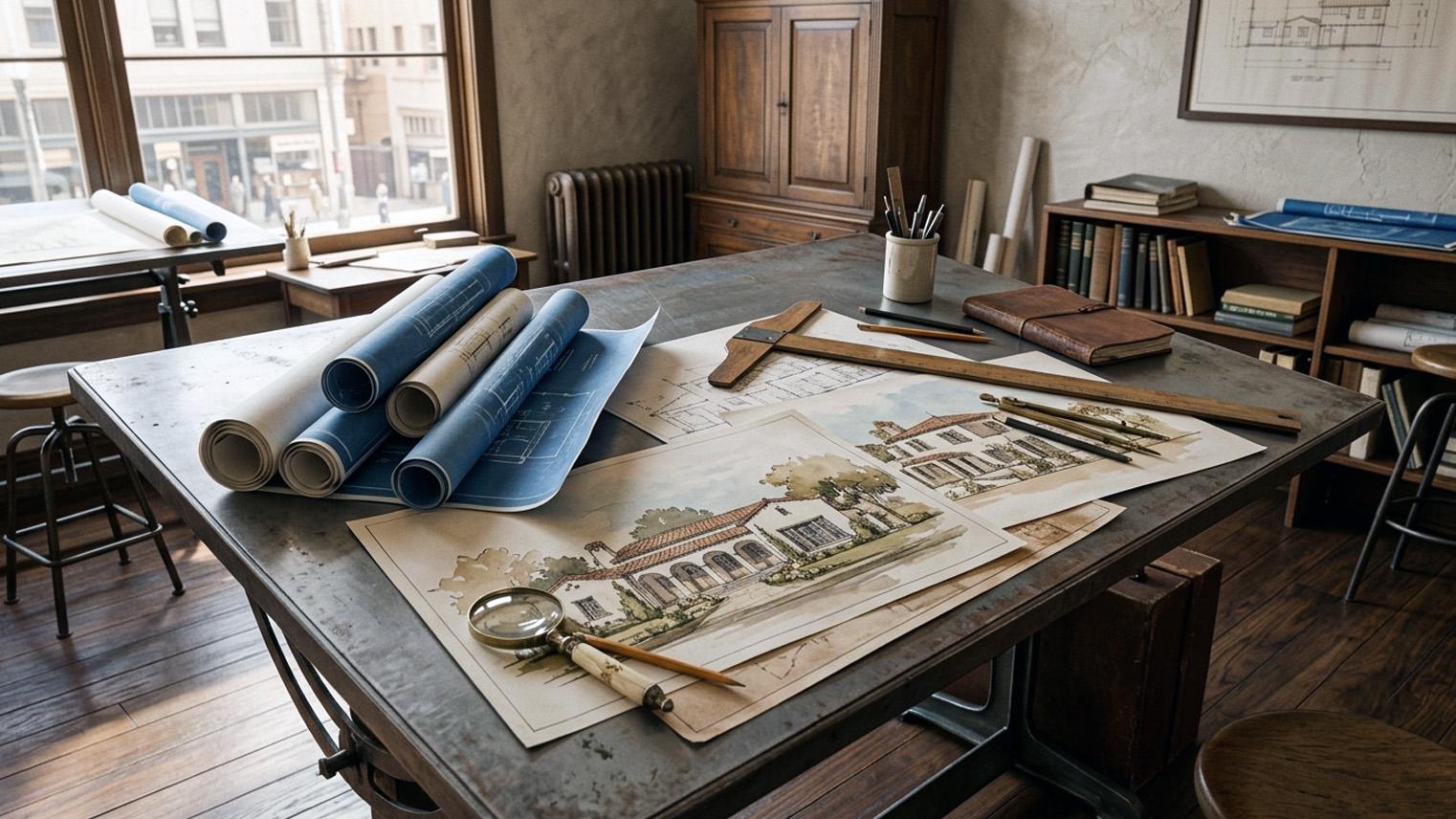 Steel drafting table with rolled blueprints and watercolor renderings of Spanish Colonial Revival homes, period studio