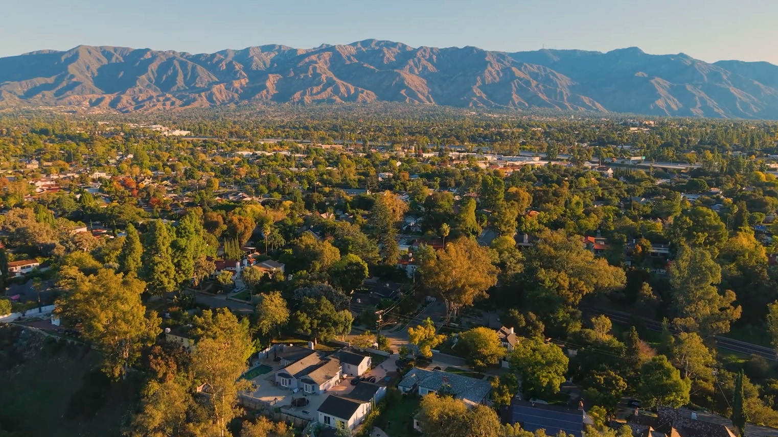 Aerial of San Gabriel Valley homes under mature tree canopy at golden hour, the San Gabriel Mountains across the horizon