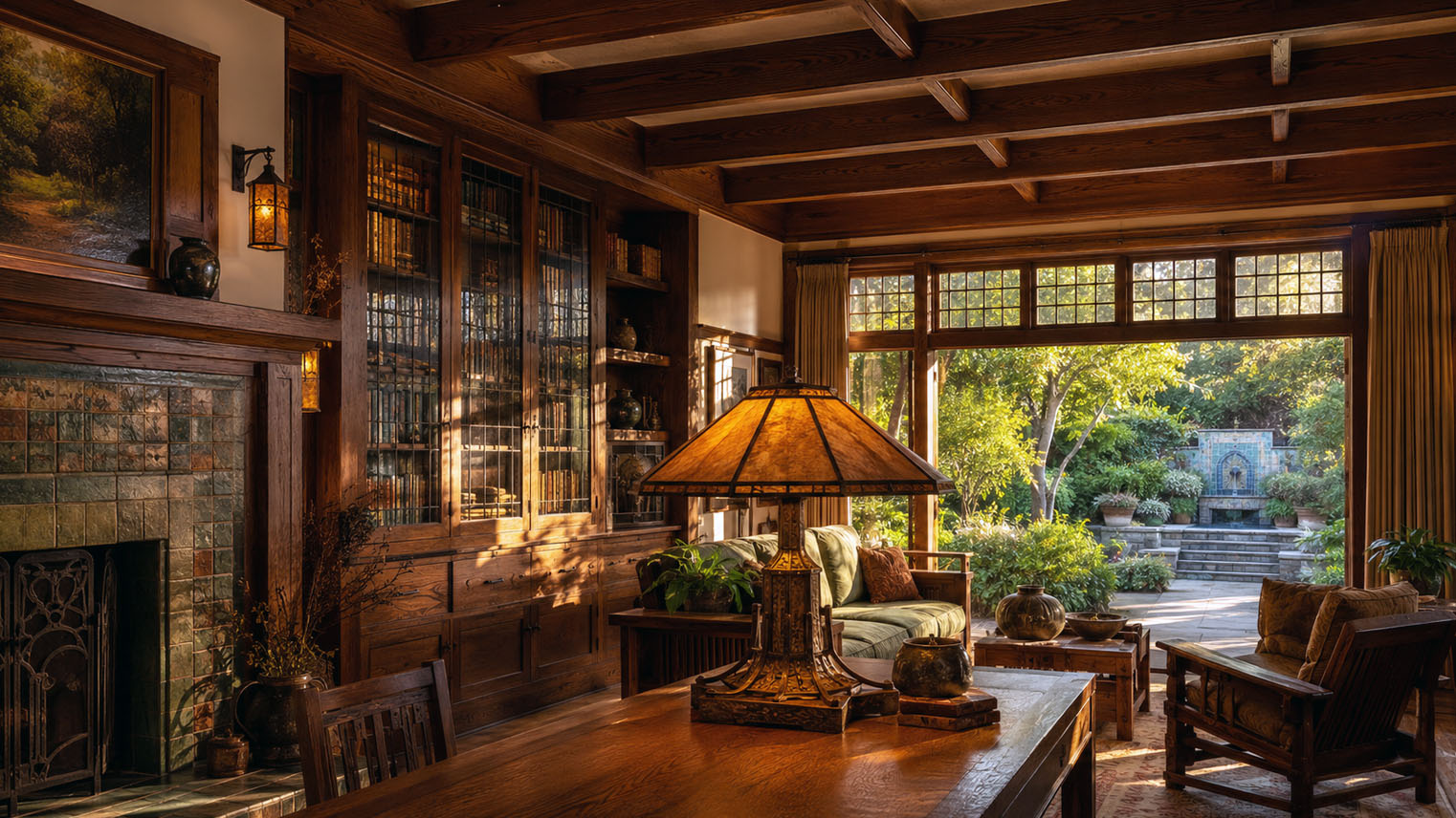 Craftsman living room at golden hour with a hammered copper lamp under an amber mica shade, leaded glass bookcase doors, an art tile fireplace, redwood beams, and a tiled garden fountain beyond the window.