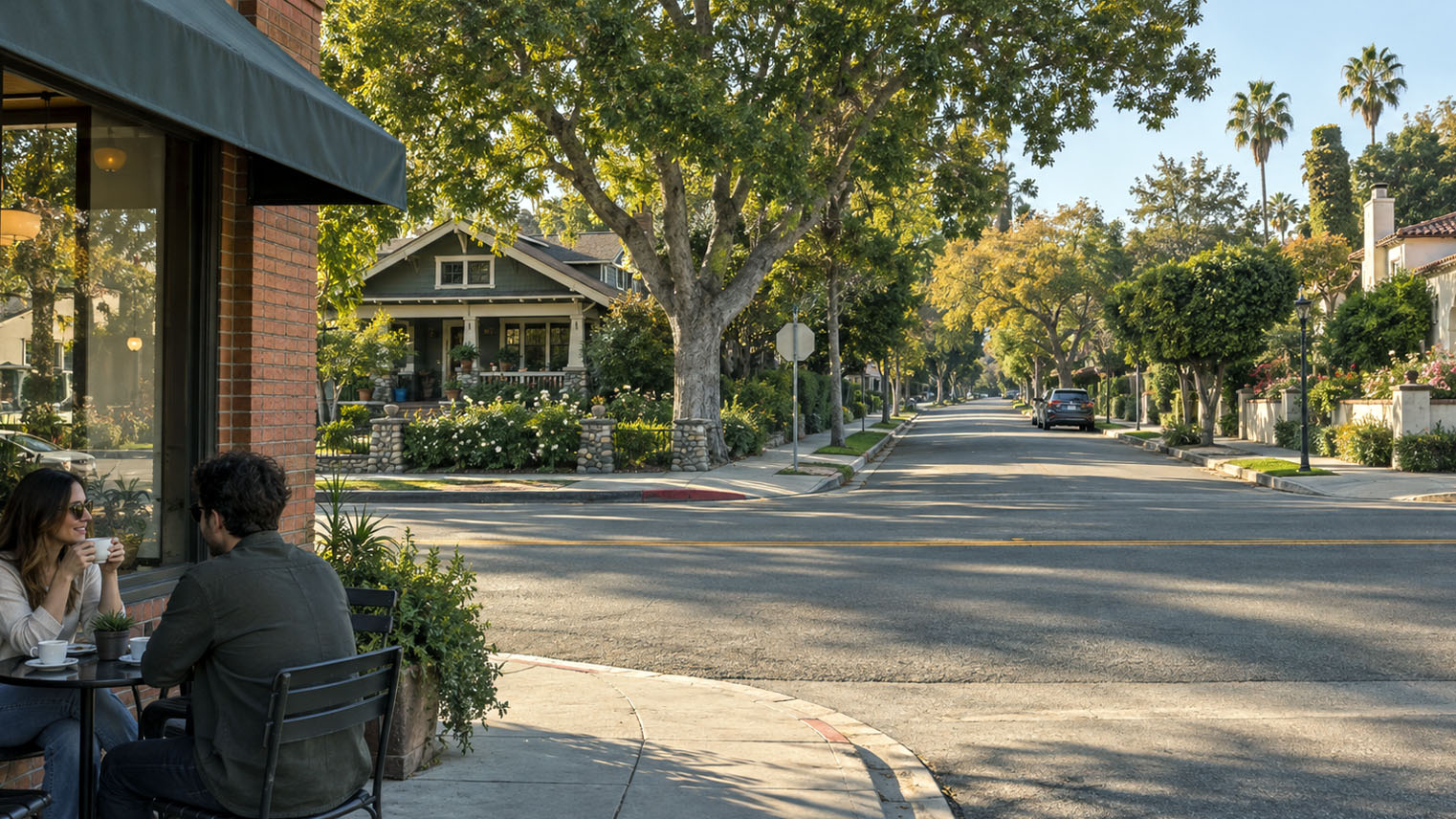 Two people at a cafe table on a corner, a Craftsman bungalow with a river rock wall across the tree lined street