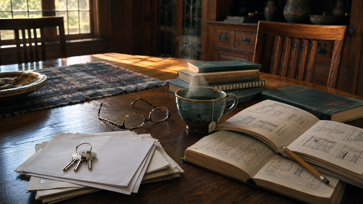 House keys and open restoration books on the oak dining table of a period San Gabriel Valley home, morning light.