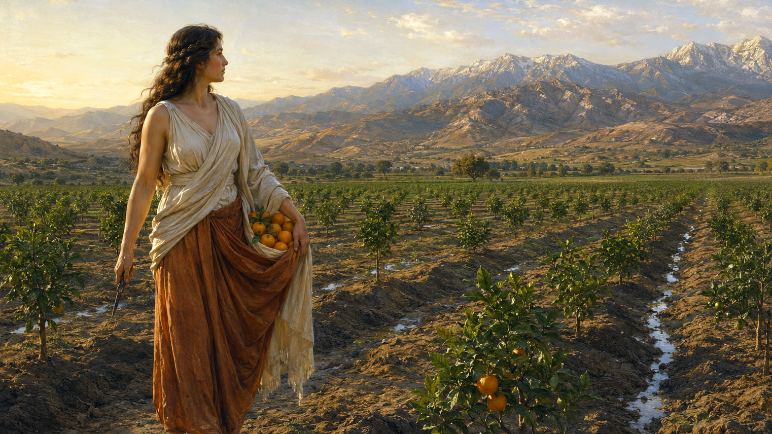 Classical goddess of the orchard in a young Pomona citrus grove, oranges gathered in her skirt, mountains beyond.