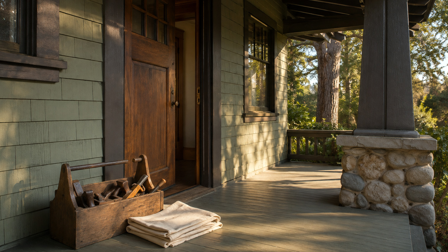 A wooden toolbox and folded drop cloth beside the open front door of a Pasadena Craftsman bungalow porch, early morning light across the porch boards. AI generated image by Greg Anderson.