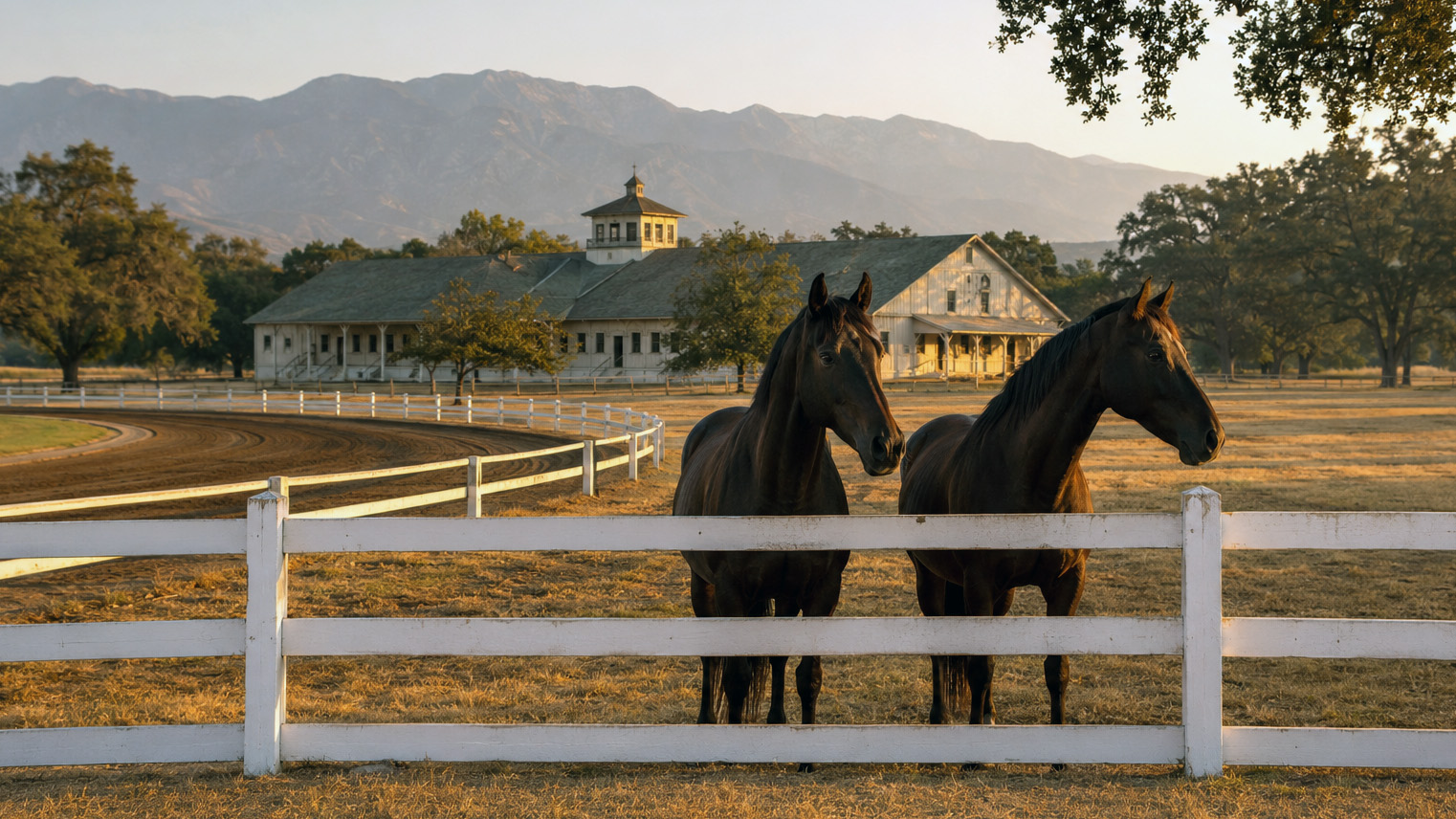 Trotting horses at a white pasture rail on a nineteenth century Rosemead horse farm, a long stable with cupola behind.