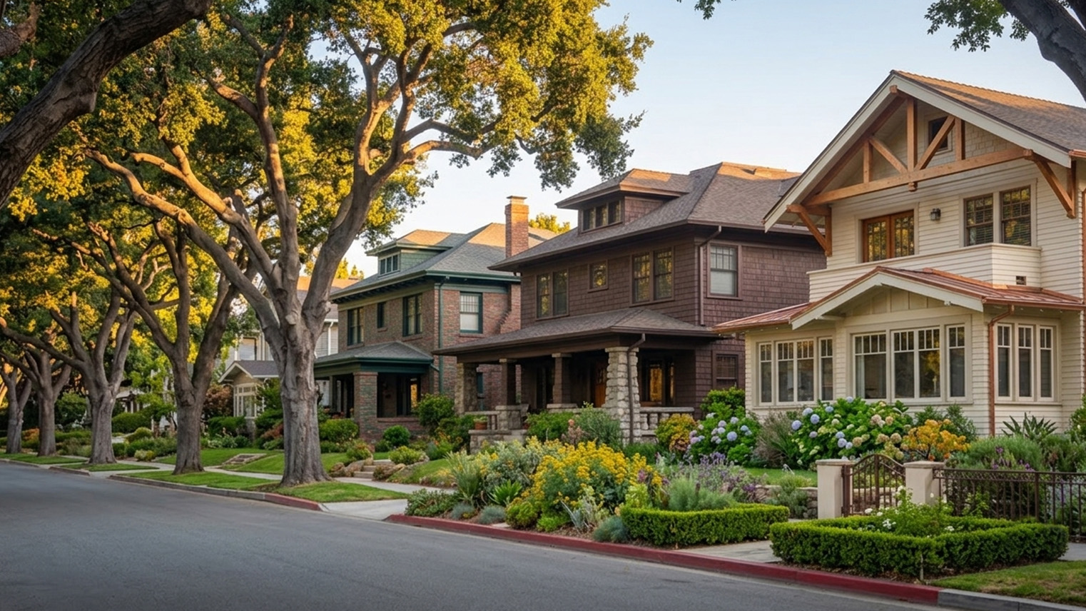 South Pasadena residential block at golden hour, a brick American Foursquare and shingled Craftsman houses beneath oaks.