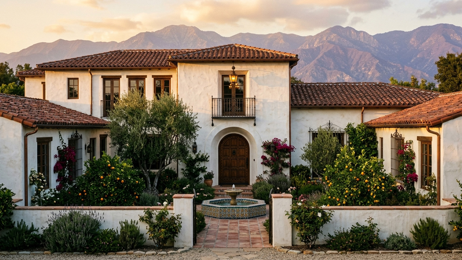Spanish Colonial Revival estate in the San Gabriel Valley, white stucco, barrel tile roof, arched entry, courtyard fountain.