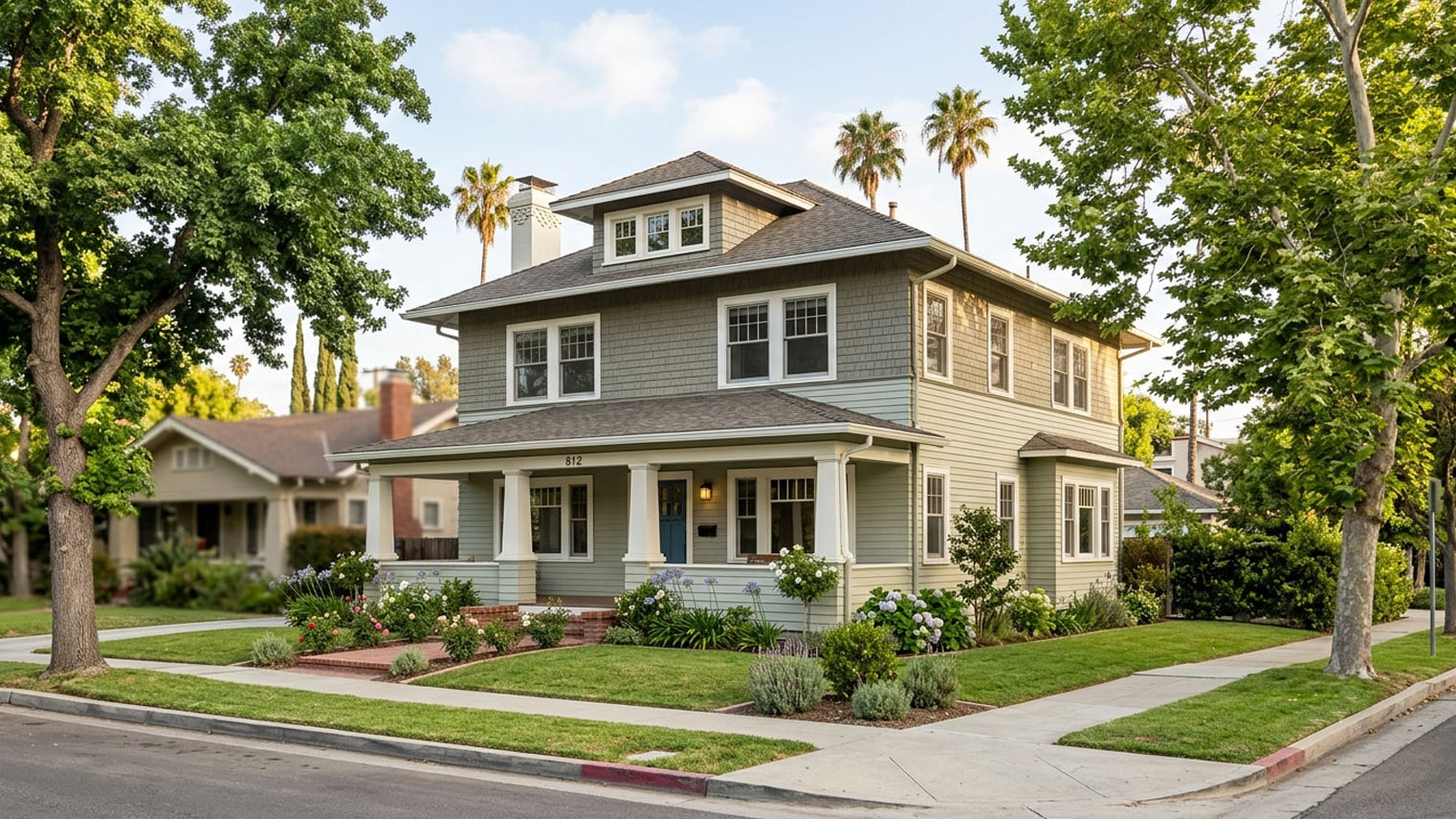 American Foursquare with hipped roof, centered dormer, and full-width porch on square columns, San Gabriel Valley.