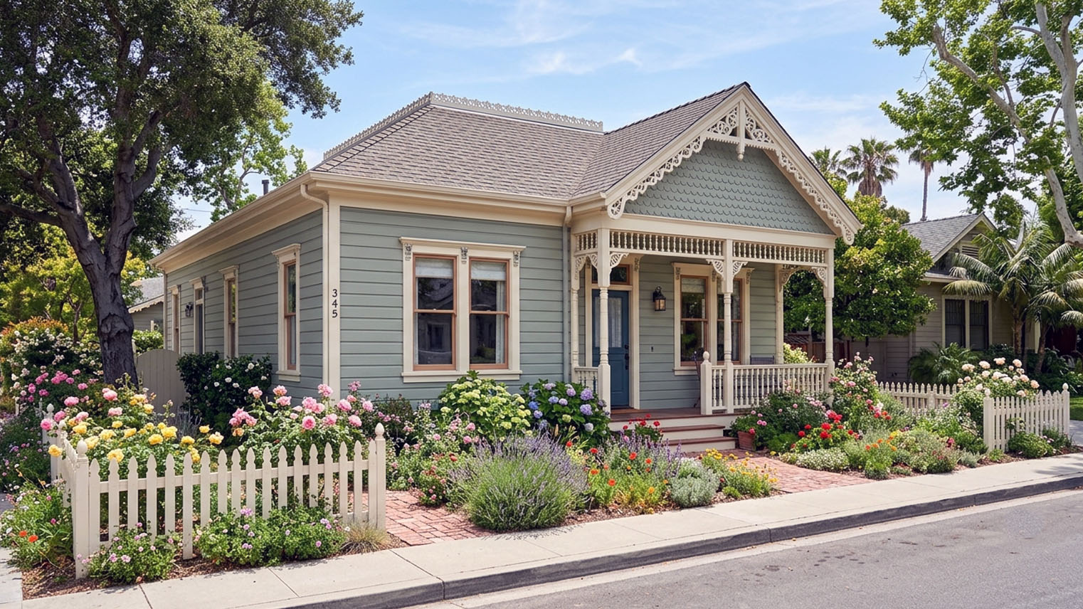 Folk Victorian cottage with spindlework brackets, fish-scale gable trim, and picket-fenced garden, San Gabriel Valley.