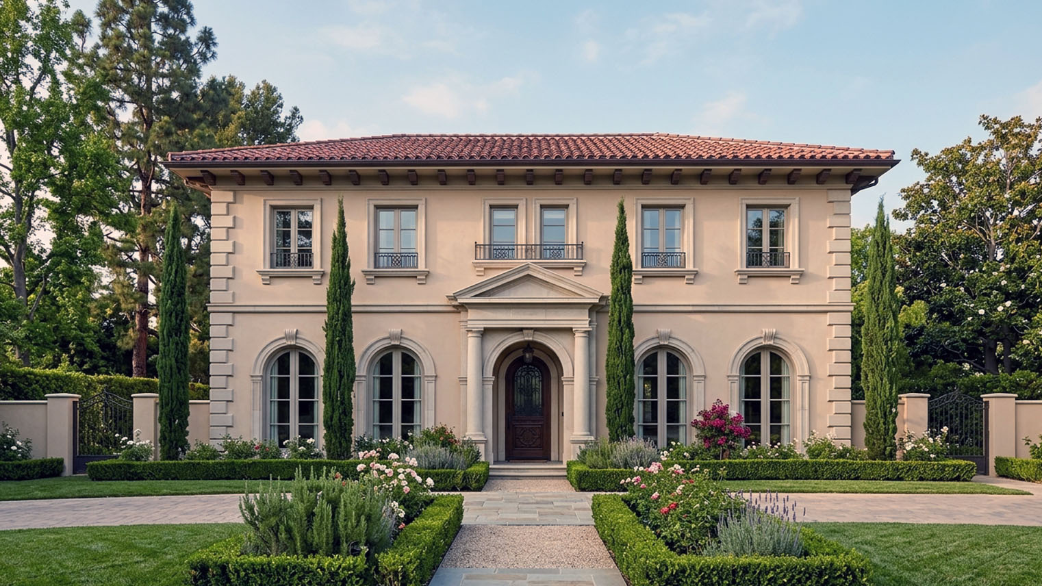 Italian Renaissance Revival with symmetrical stucco facade, low tile roof, and pedimented arched entry, San Gabriel Valley.