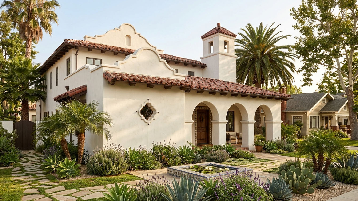Mission Revival home with shaped parapet gable, red tile roof, arcaded loggia, and small bell tower, San Gabriel Valley.