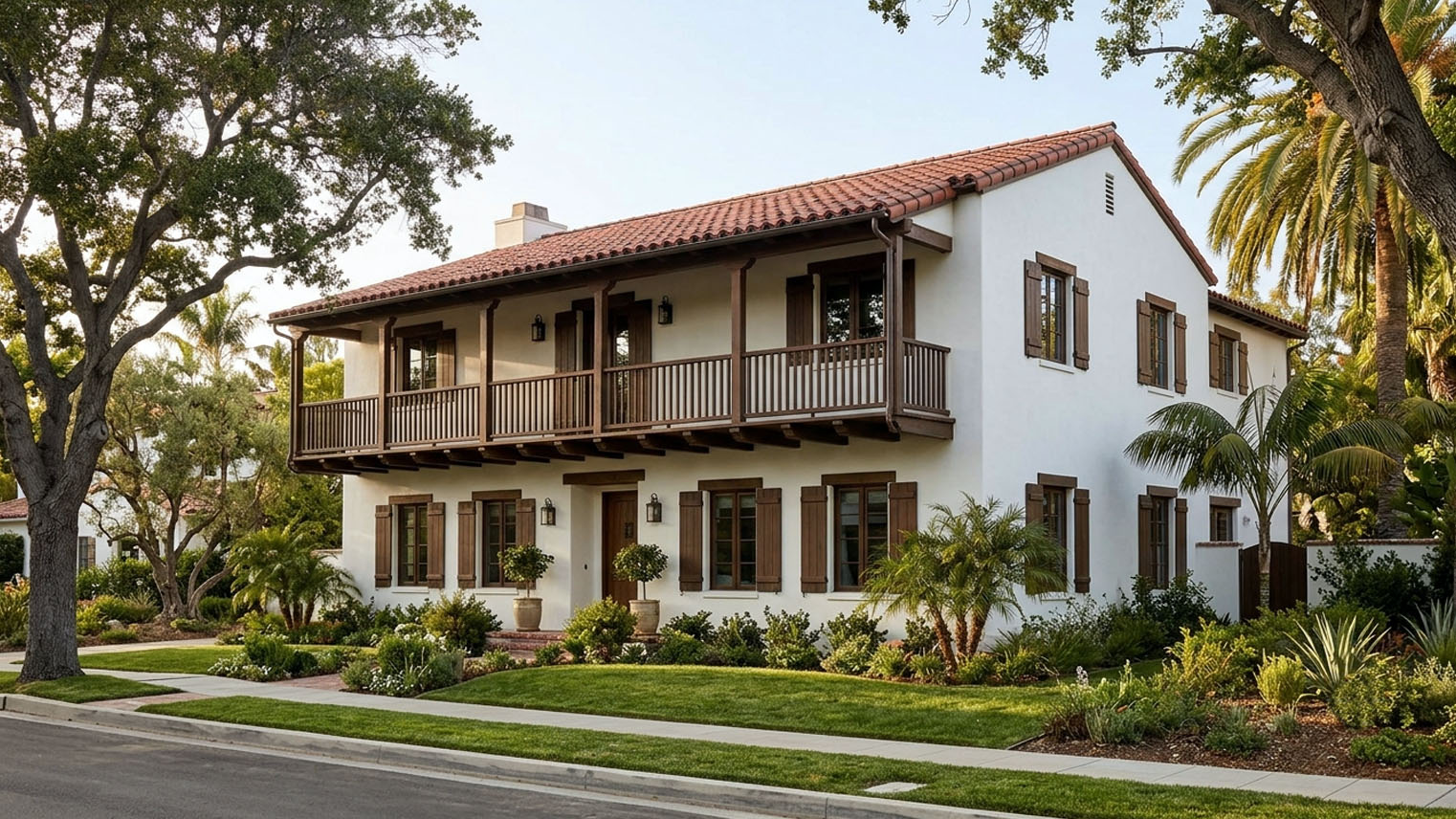 Monterey Colonial with white stucco, red tile roof, and cantilevered wood balcony on beam brackets, San Gabriel Valley.